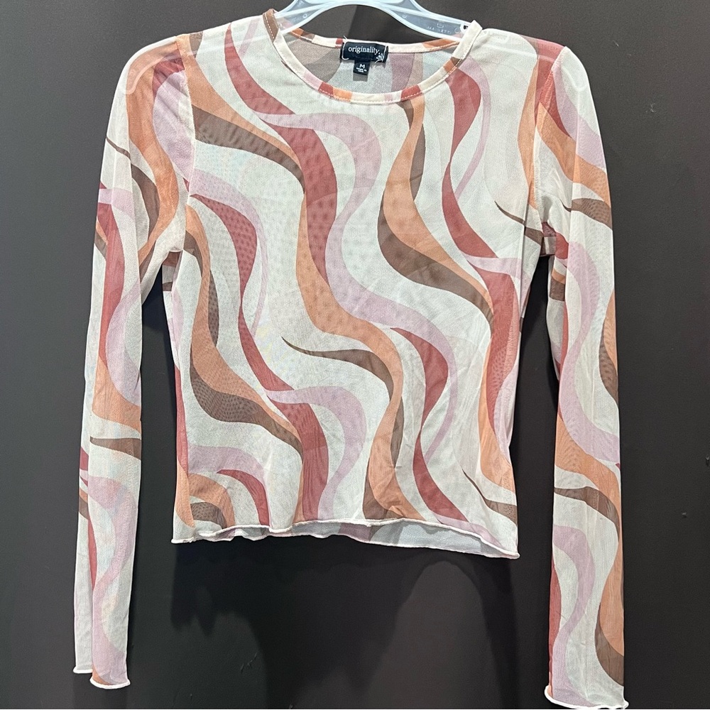Originality Colorful Swirl Long Sleeve layering top, sheer, Size M